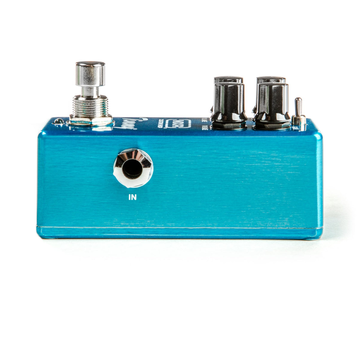 Phơ Overdrive MXR CSP027 Timmy Overdrive Mini – hông phải với jack IN, footswitch và 4 núm vặn nhìn từ bên