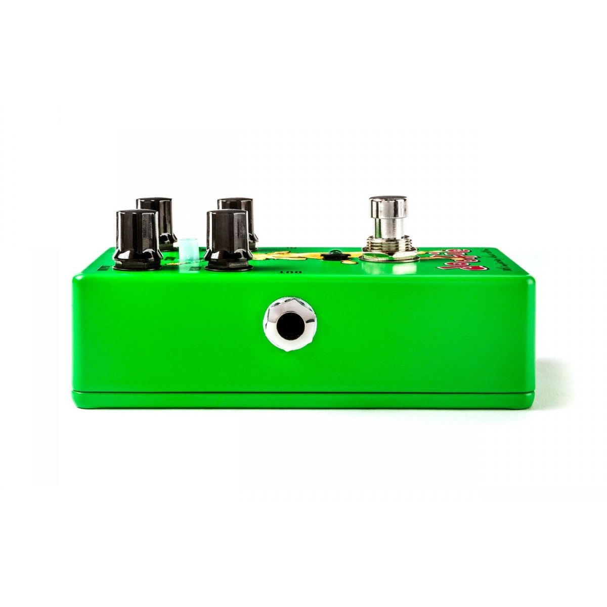 Phơ Overdrive MXR DD30 Dookie Drive 30th Anniversary – cạnh trái với cổng OUT, vỏ sơn xanh lá nhìn ngang