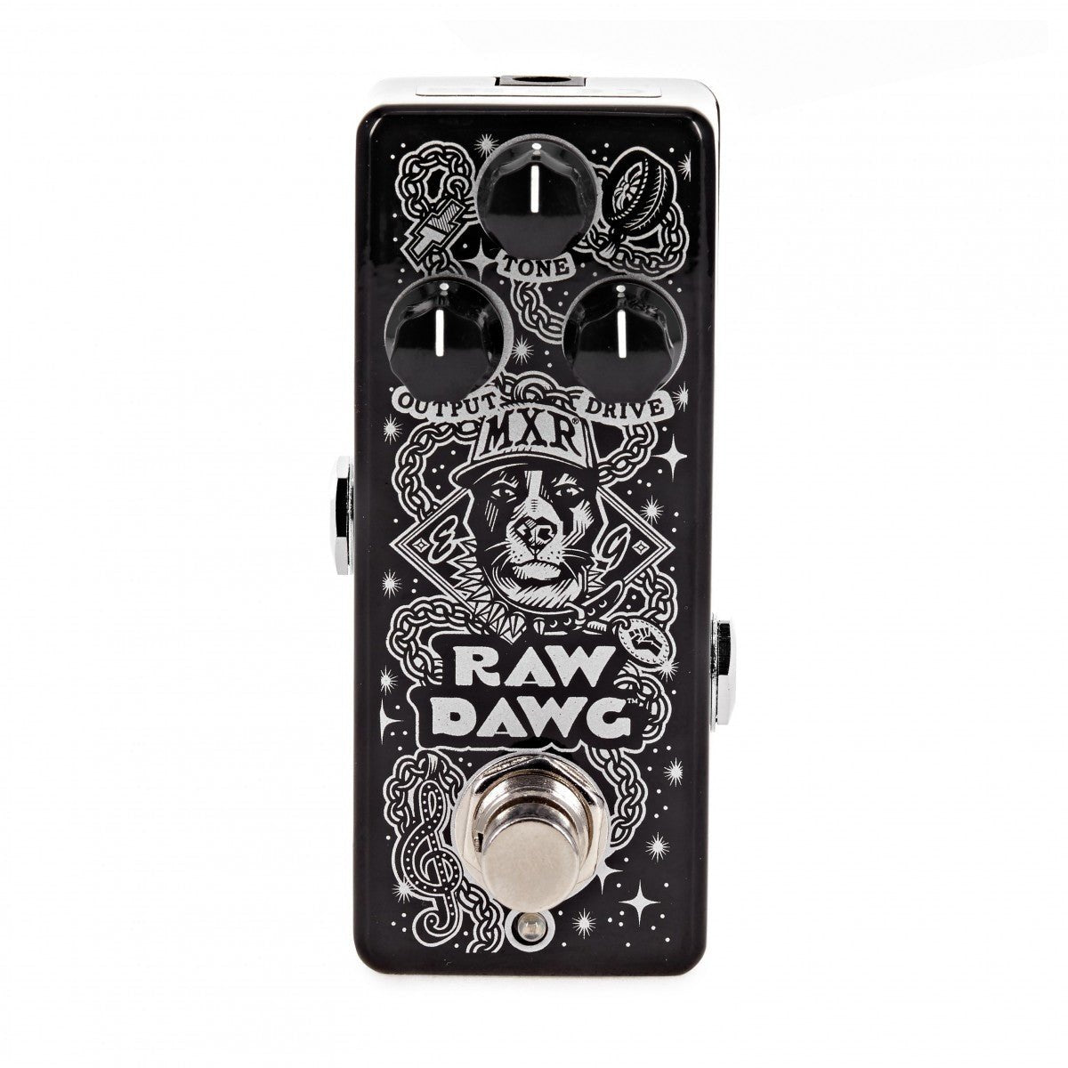 Phơ Overdrive MXR EG74 Eric Gales Raw Dawg – mặt trên với núm OUTPUT, TONE, DRIVE và chữ RAW DAWG