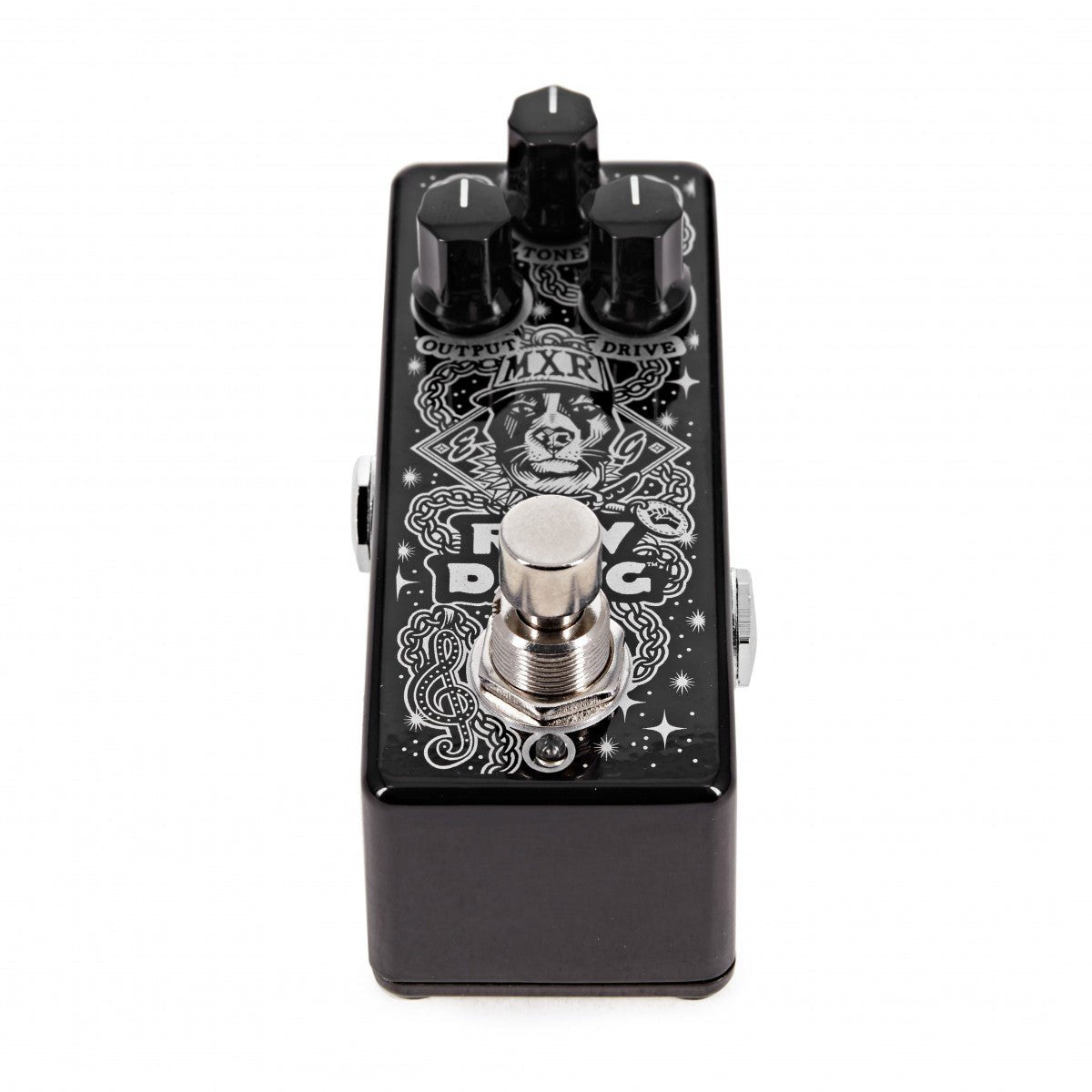 Phơ Overdrive MXR EG74 Eric Gales Raw Dawg – nhìn từ phía trước, thấy footswitch và hoa văn chú chó