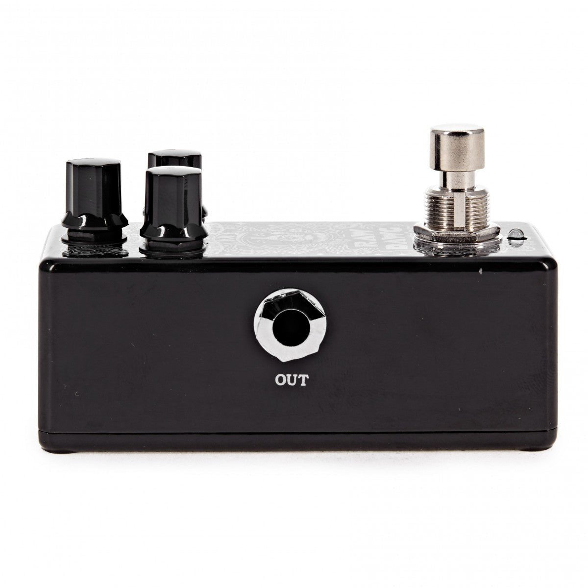 Phơ Overdrive MXR EG74 Eric Gales Raw Dawg – cạnh trái nhìn ngang với jack OUT, vỏ mini màu đen