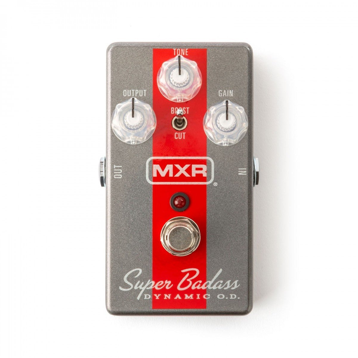 Phơ Overdrive MXR M249 Super Badass Dynamic O.D. – mặt trên với núm OUTPUT, TONE, GAIN và công tắc BOOST/CUT