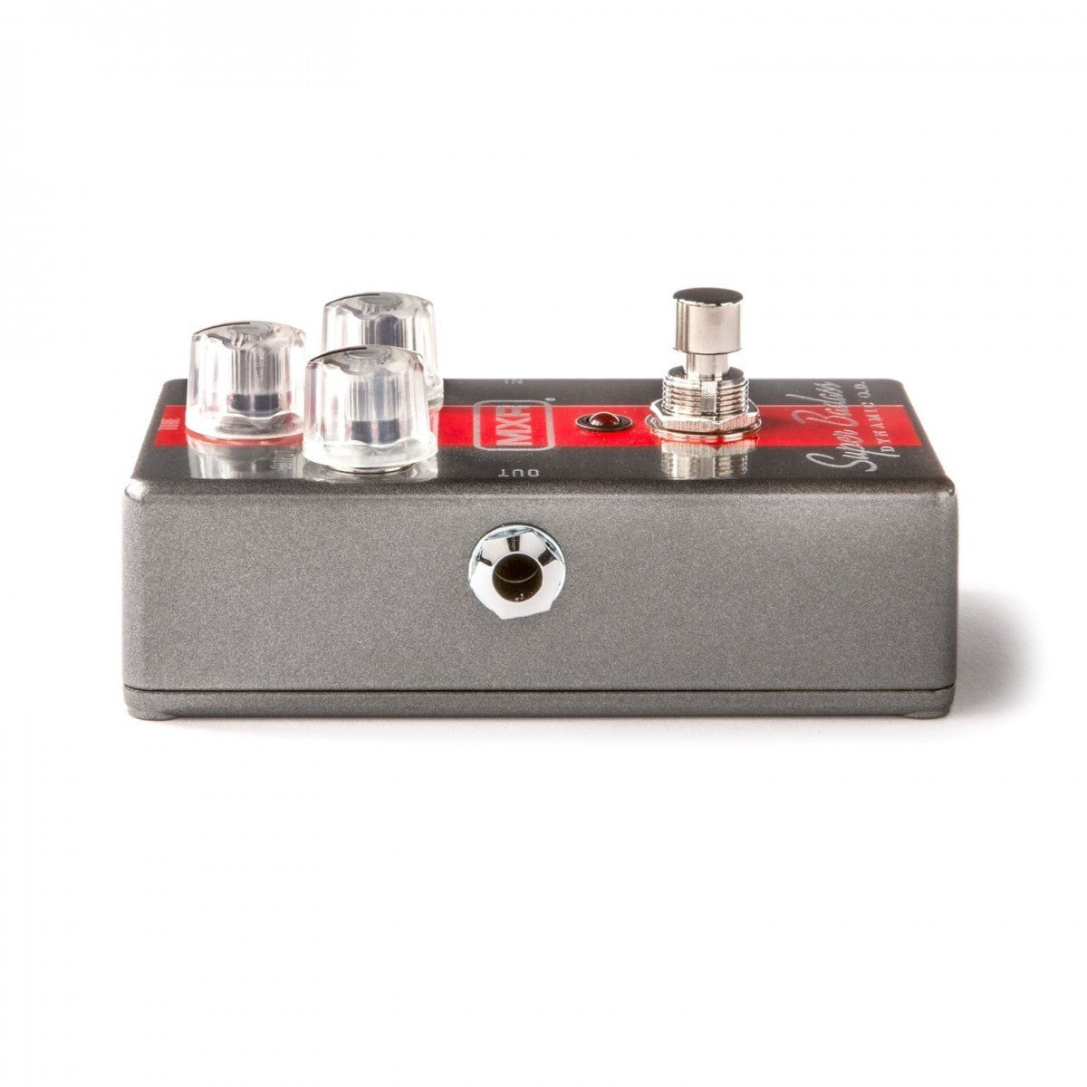 Phơ Overdrive MXR M249 Super Badass Dynamic O.D. – cạnh trái với cổng jack output, vỏ xám sọc đỏ