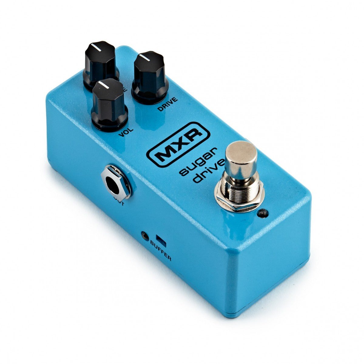 Phơ Overdrive MXR M294 Sugar Drive – góc nghiêng trái thấy jack OUT và công tắc gạt BUFFER