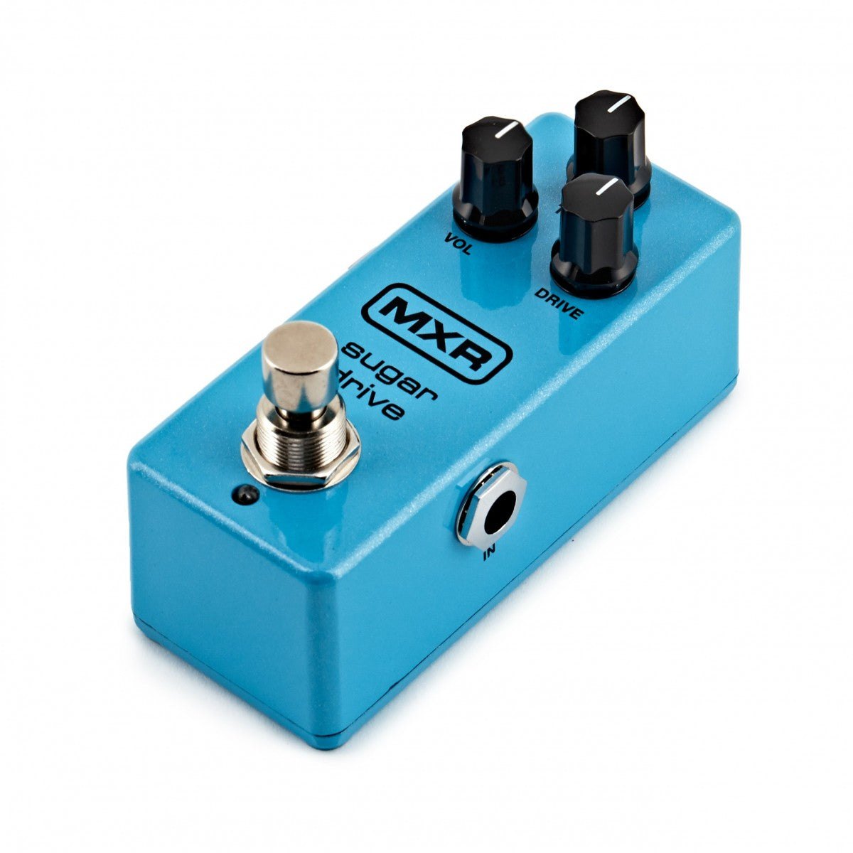 Phơ Overdrive MXR M294 Sugar Drive – góc nghiêng phải thấy jack IN và đèn LED trạng thái
