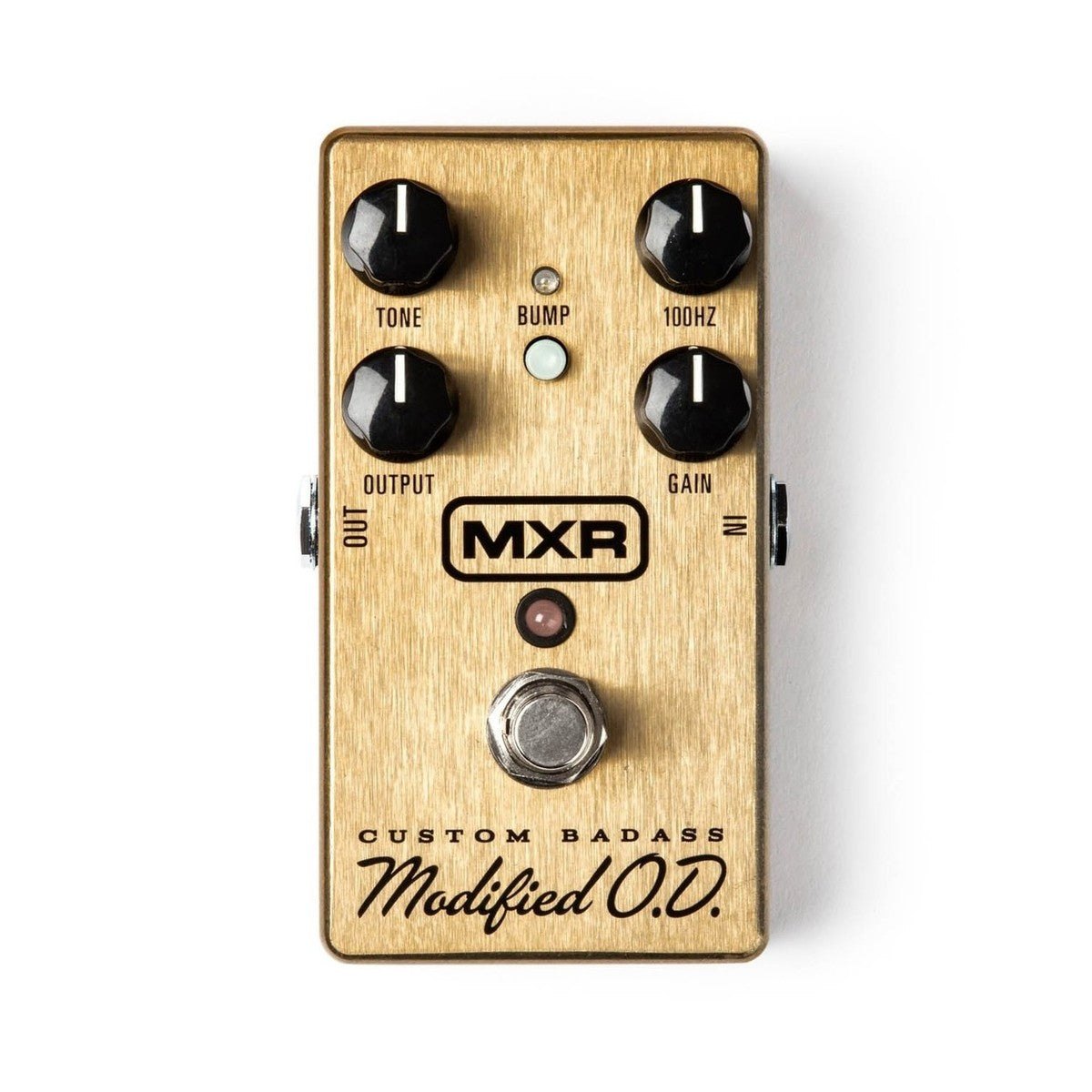 Phơ Overdrive MXR M77 Custom Badass Modified O.D. – mặt trên với 4 núm TONE, 100HZ, OUTPUT, GAIN và nút BUMP