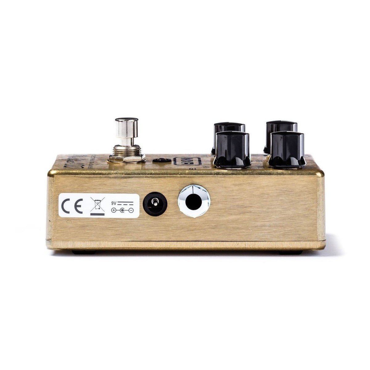 Phơ Overdrive MXR M77 Custom Badass Modified O.D. – cạnh phải với cổng nguồn DC 9V, jack input và tem CE