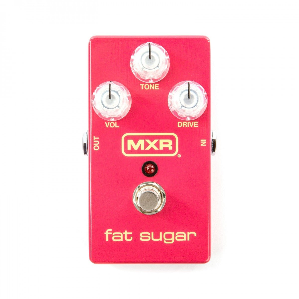 Phơ Overdrive MXR M94SE Fat Sugar Drive – mặt trên màu hồng với 3 núm trong suốt VOL, TONE, DRIVE