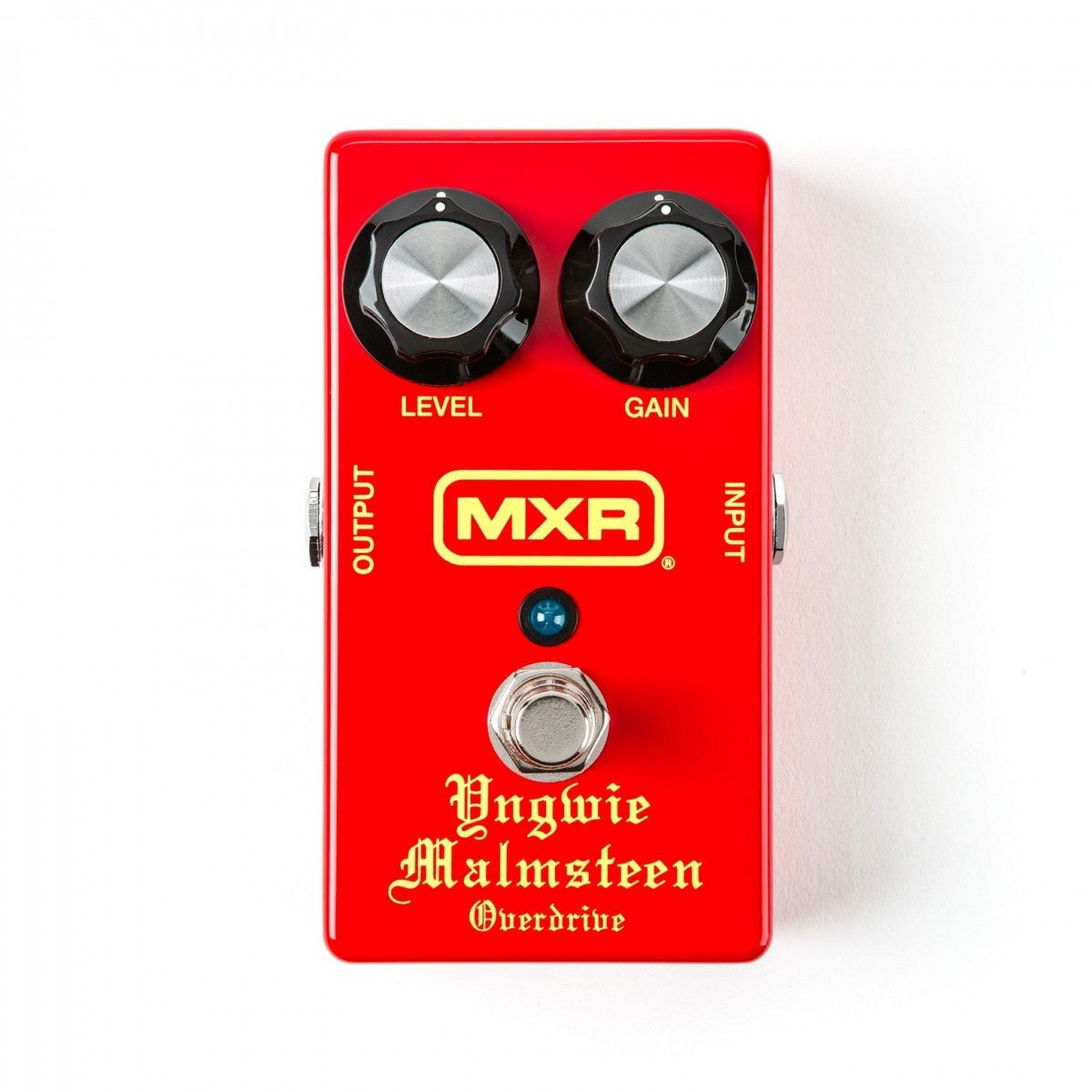 Phơ Overdrive MXR YJM308 Yngwie Malmsteen Overdrive – mặt trên với 2 núm LEVEL, GAIN, vỏ đỏ chữ vàng