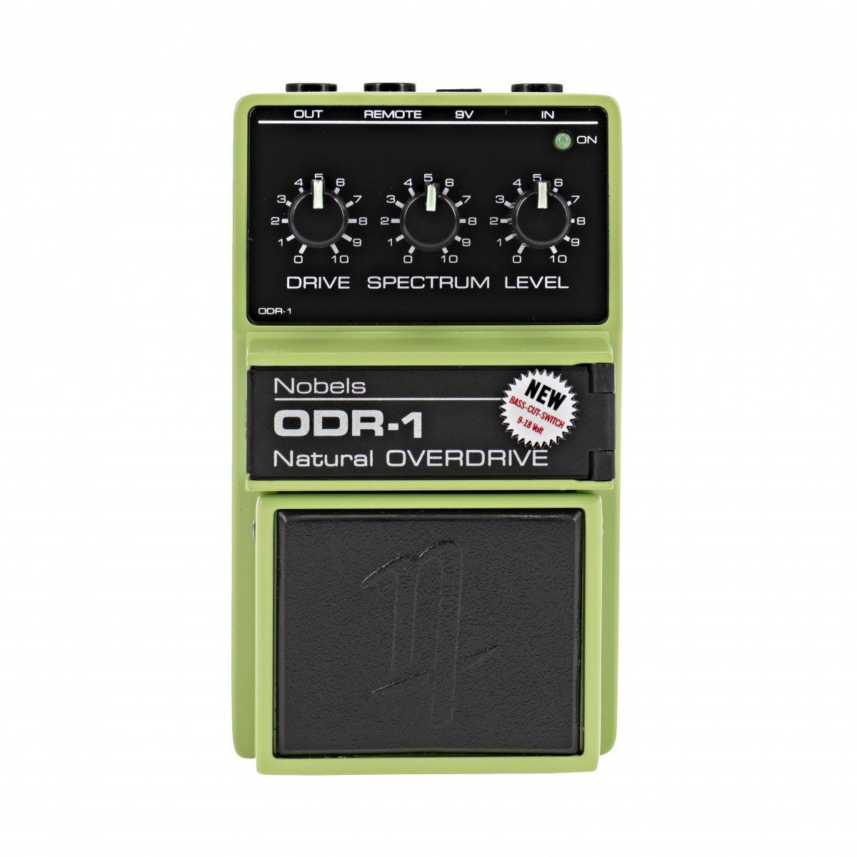 Phơ Overdrive Nobels ODR-1 BC Natural Overdrive – mặt trên với núm DRIVE, SPECTRUM, LEVEL và tem NEW Bass Cut