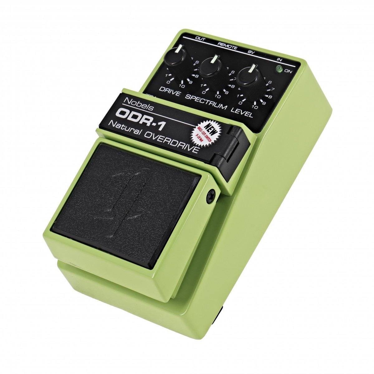 Phơ Overdrive Nobels ODR-1 BC Natural Overdrive – góc nghiêng 3/4 vỏ xanh lá và công tắc chân lớn