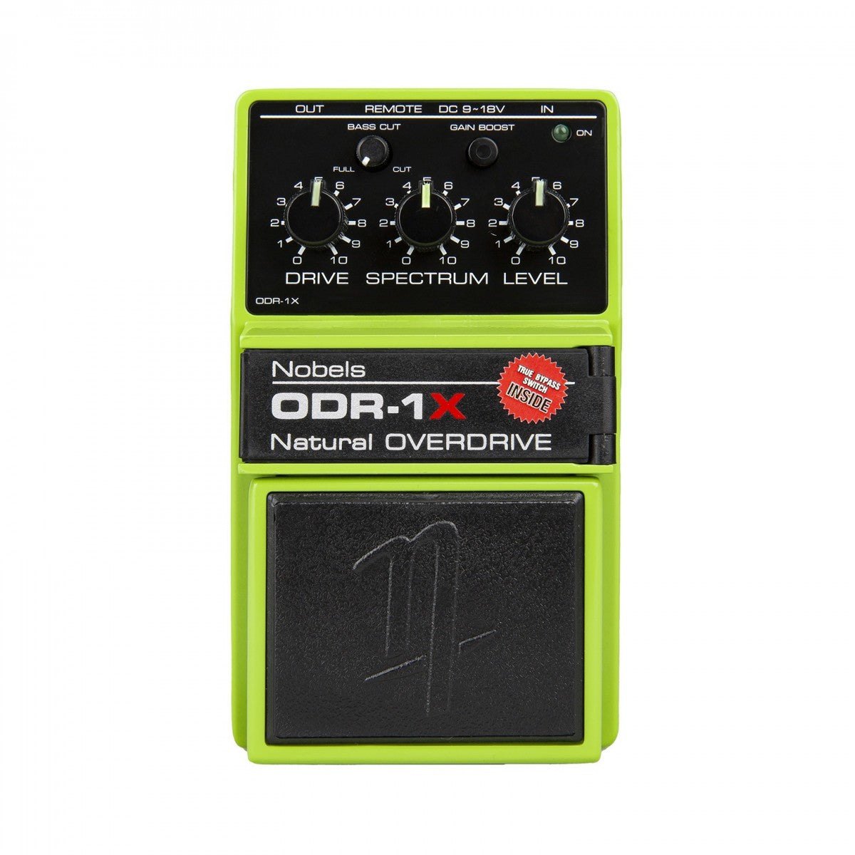 Phơ Overdrive Nobels ODR-1X Natural Overdrive – mặt trên với núm DRIVE, SPECTRUM, LEVEL cùng BASS CUT, GAIN BOOST
