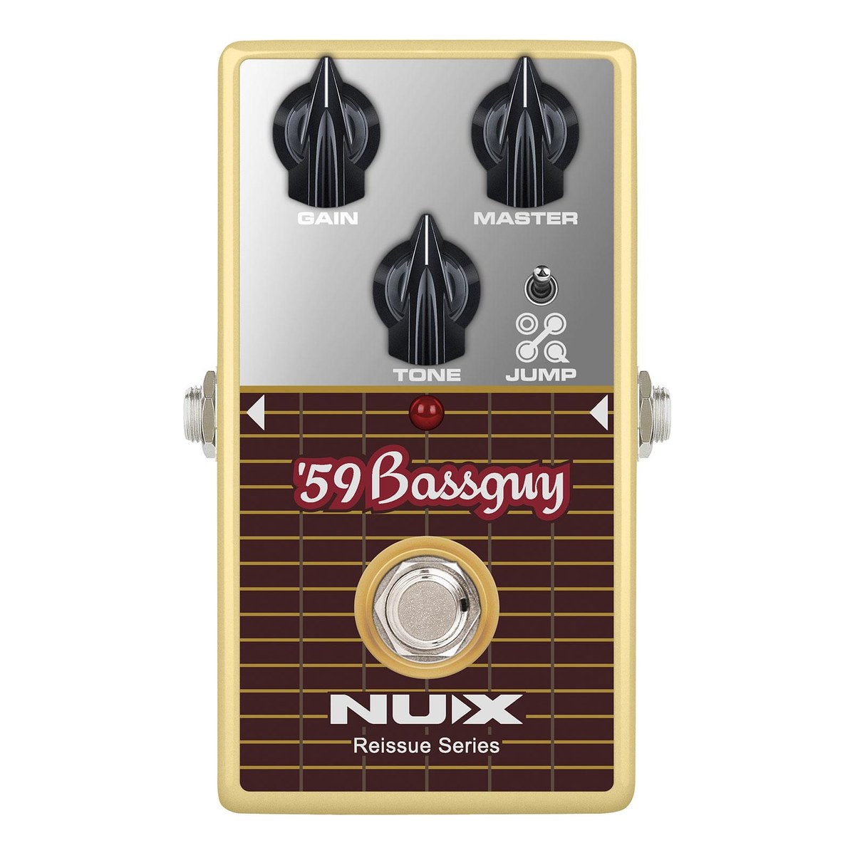 Phơ Overdrive NUX '59 Bassguy – Mặt trên NUX '59 Bassguy với núm GAIN, MASTER, TONE và công tắc JUMP