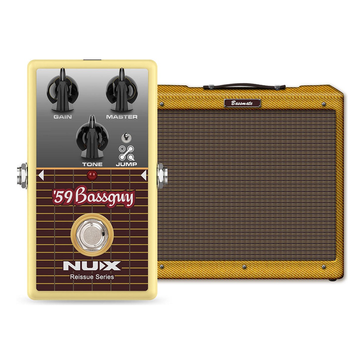 Phơ Overdrive NUX '59 Bassguy – NUX '59 Bassguy đặt cạnh ampli tweed