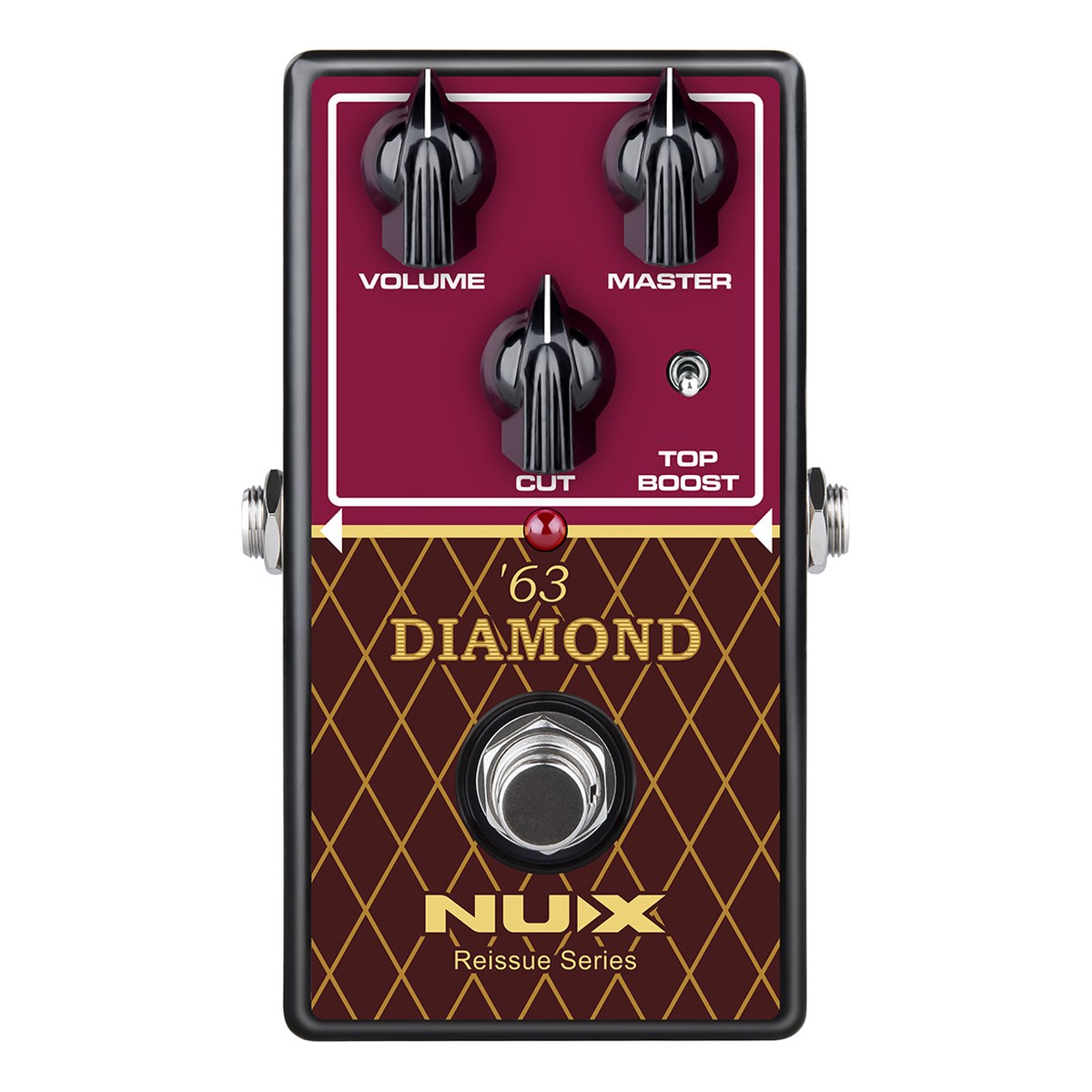 Phơ Overdrive NUX '63 Diamond NRO-6 – Mặt trên NUX '63 Diamond với núm VOLUME, MASTER, CUT, công tắc TOP BOOST và footswitch