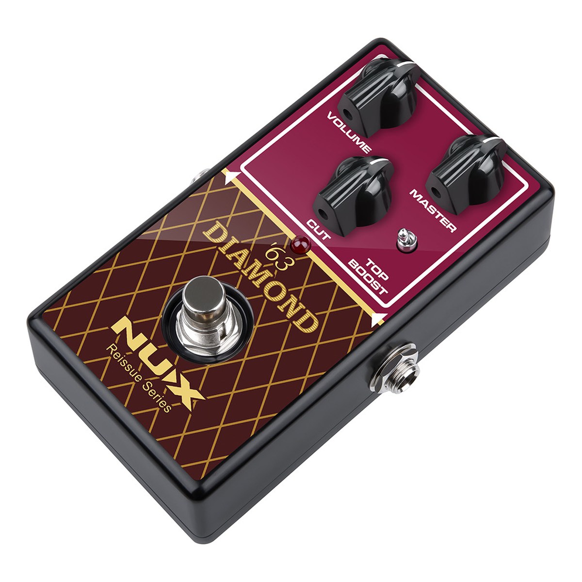 Phơ Overdrive NUX '63 Diamond NRO-6 – Góc nghiêng '63 Diamond từ bên trái, thấy jack bên hông