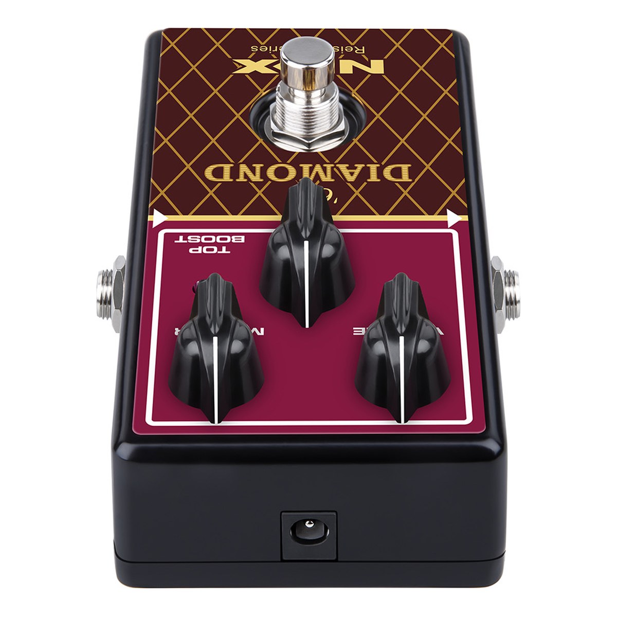 Phơ Overdrive NUX '63 Diamond NRO-6 – Đầu pedal '63 Diamond nhìn từ phía jack nguồn DC