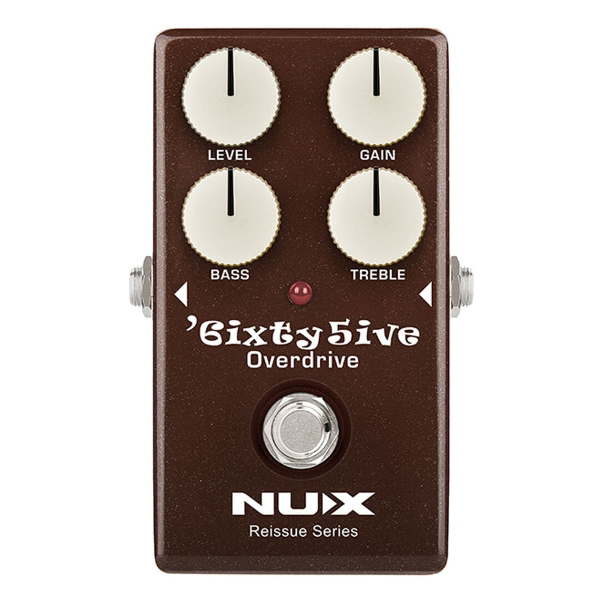Phơ Overdrive NUX '6ixty5ive Overdrive – NUX '6ixty5ive Overdrive mặt trên: núm LEVEL, GAIN, BASS, TREBLE và footswitch