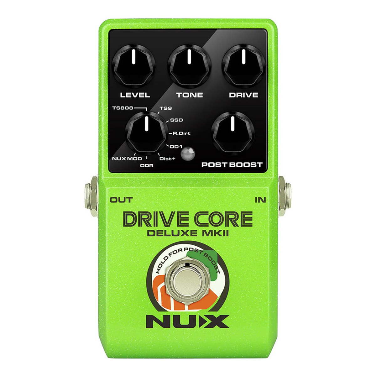 Phơ Overdrive NUX Drive Core Deluxe MKII – Mặt trên NUX Drive Core Deluxe MKII với núm LEVEL, TONE, DRIVE, DRIVE TYPE và POST BOOST