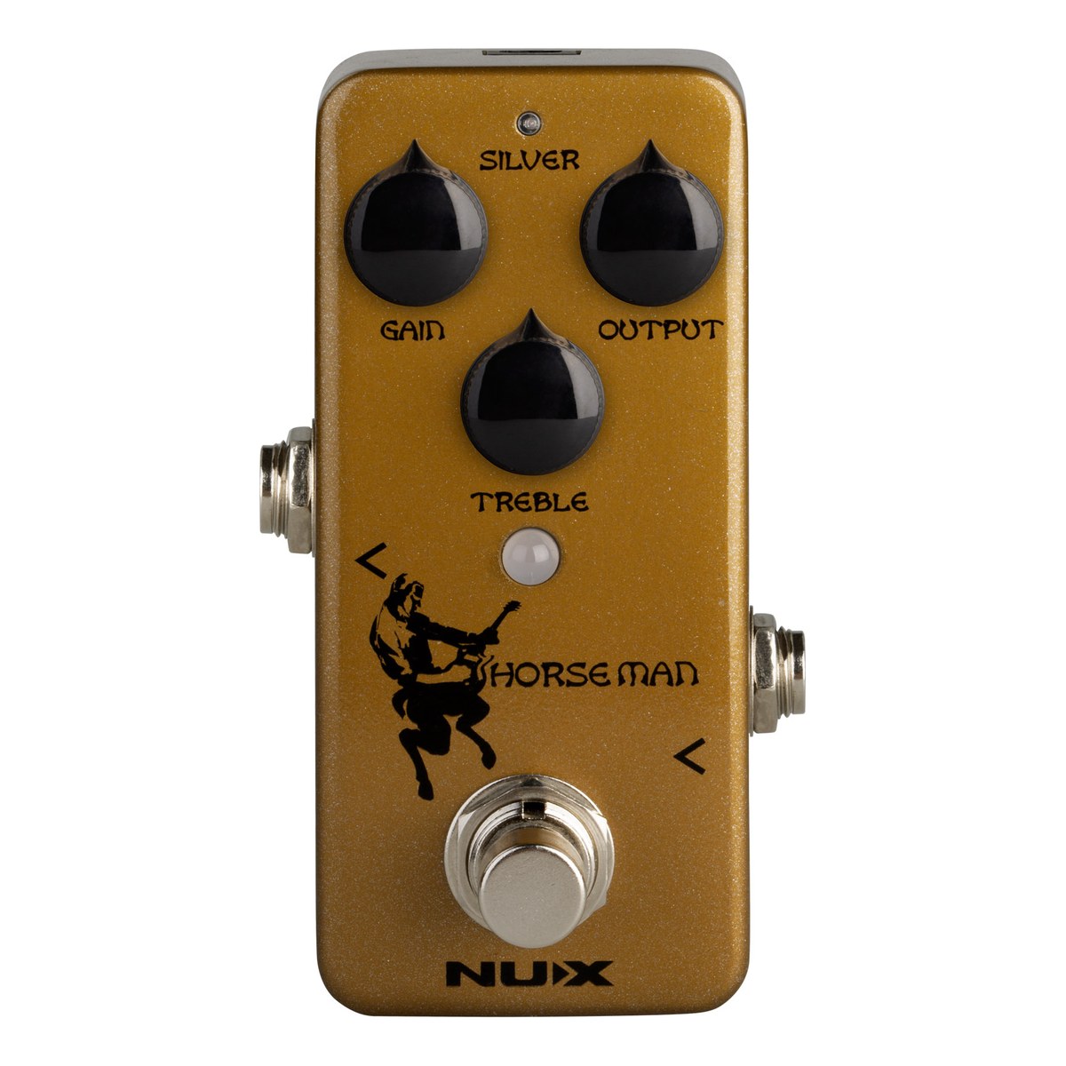 Mặt trên NUX Horseman NOD-1 màu vàng với 3 núm GAIN, OUTPUT, TREBLE