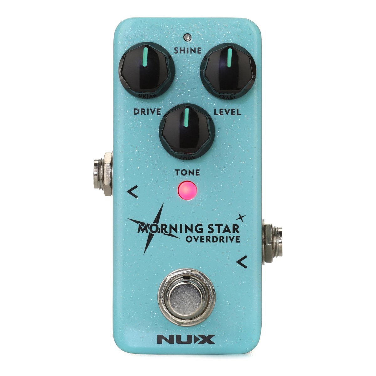 Chính diện NUX Morning Star NOD-3 với ba núm DRIVE, LEVEL, TONE, LED SHINE và LED báo bật