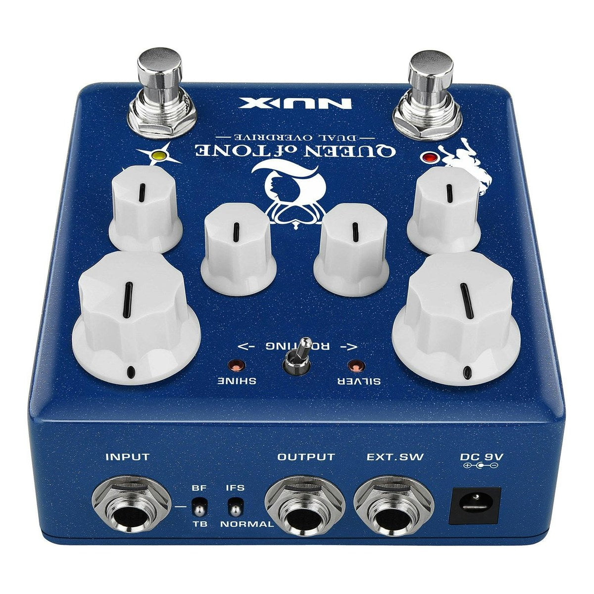 Phơ Overdrive NUX Queen of Tone NDO-6 – NUX Queen of Tone NDO-6 nhìn từ phía sau thấy hàng jack và công tắc BF/TB, IFS/NORMAL