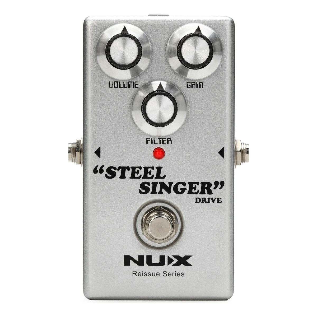 Chính diện NUX Steel Singer Drive với ba núm VOLUME, GAIN, FILTER và LED đỏ