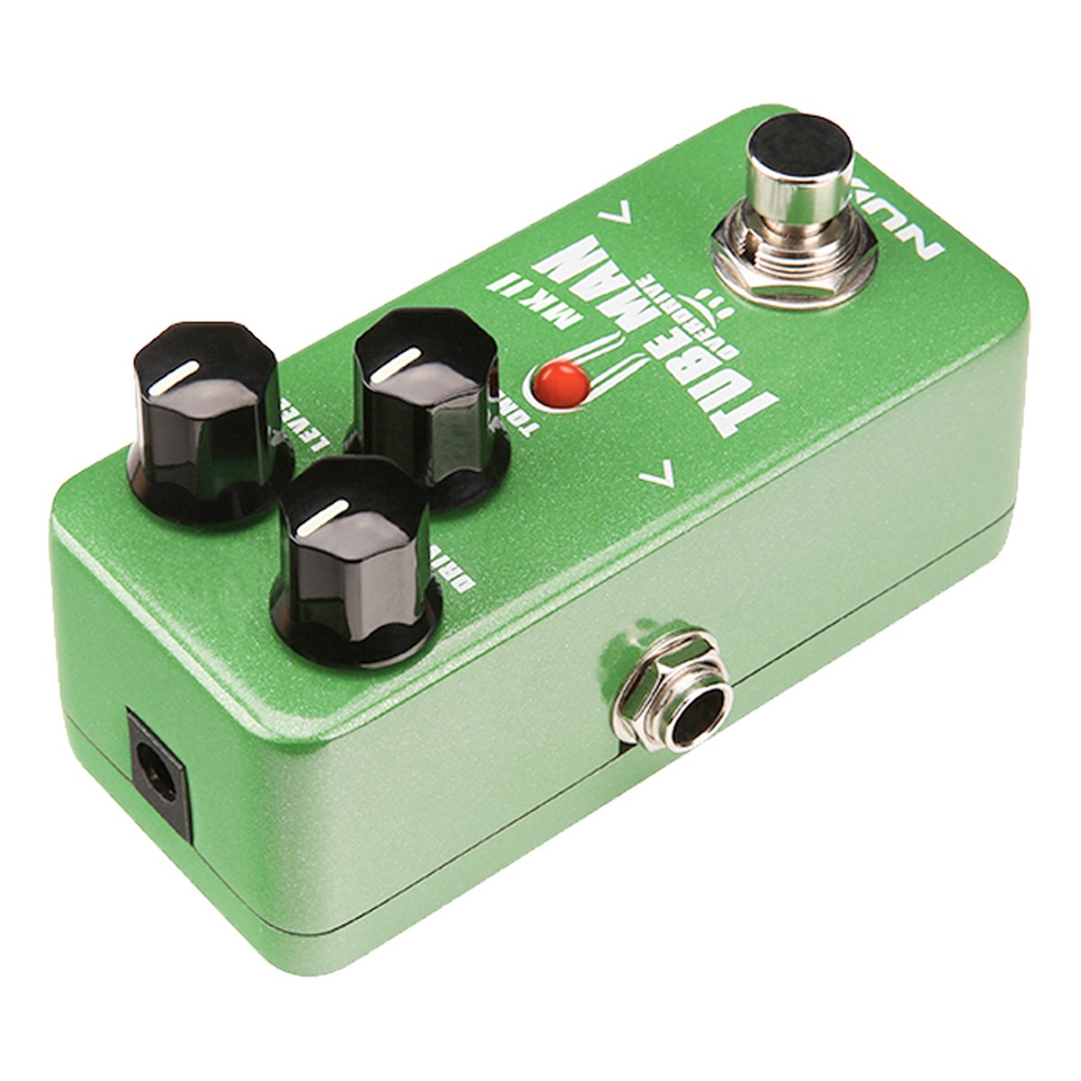 Phơ Overdrive NUX Tube Man MKII NOD-2 – Góc nghiêng Tube Man MKII từ phía đầu pedal, thấy jack nguồn DC và jack bên hông