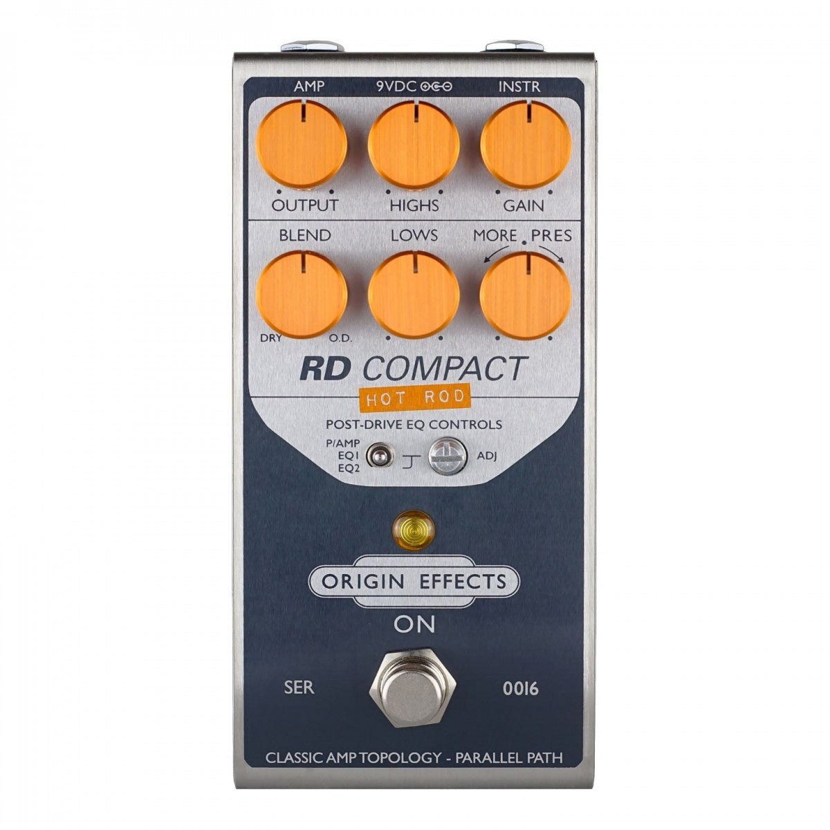Phơ Overdrive Origin Effects RD Compact Hot Rod – mặt trên với 6 núm cam OUTPUT, HIGHS, GAIN, BLEND, LOWS, MORE/PRES