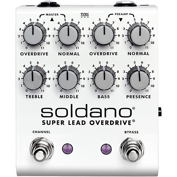 Phơ Overdrive Soldano SLO Plus Super Lead Overdrive – mặt trên với 8 núm chỉnh, 2 công tắc CHANNEL và BYPASS