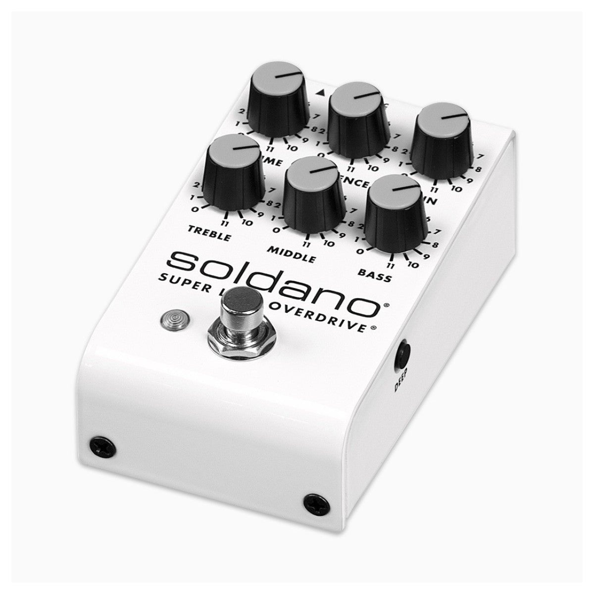 Phơ Overdrive Soldano SLO Super Lead Overdrive – góc nghiêng 3/4, thân trắng với logo soldano và công tắc chân