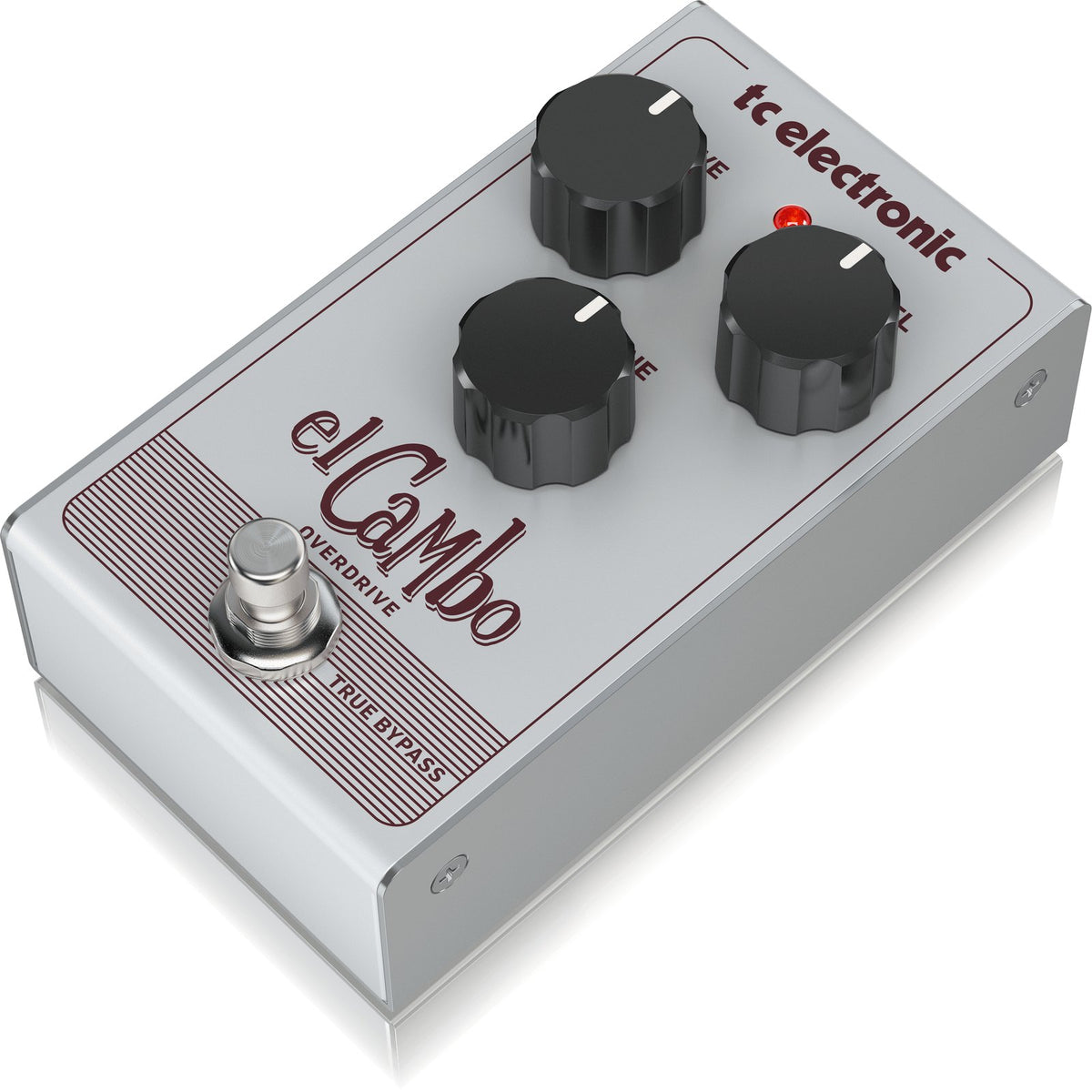 Phơ Overdrive TC Electronic El Cambo – góc nghiêng 3/4 bên phải với 3 núm DRIVE, TONE, LEVEL và footswitch