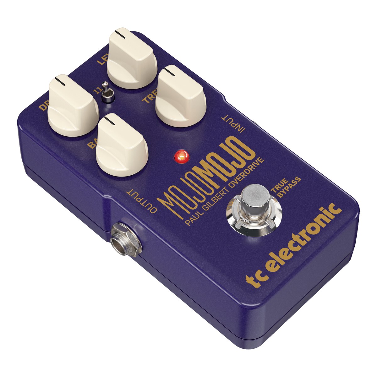Phơ Overdrive TC Electronic MojoMojo Paul Gilbert Edition - MojoMojo Paul Gilbert Edition nhìn nghiêng từ bên trái, thấy jack OUTPUT và vỏ tím chữ vàng
