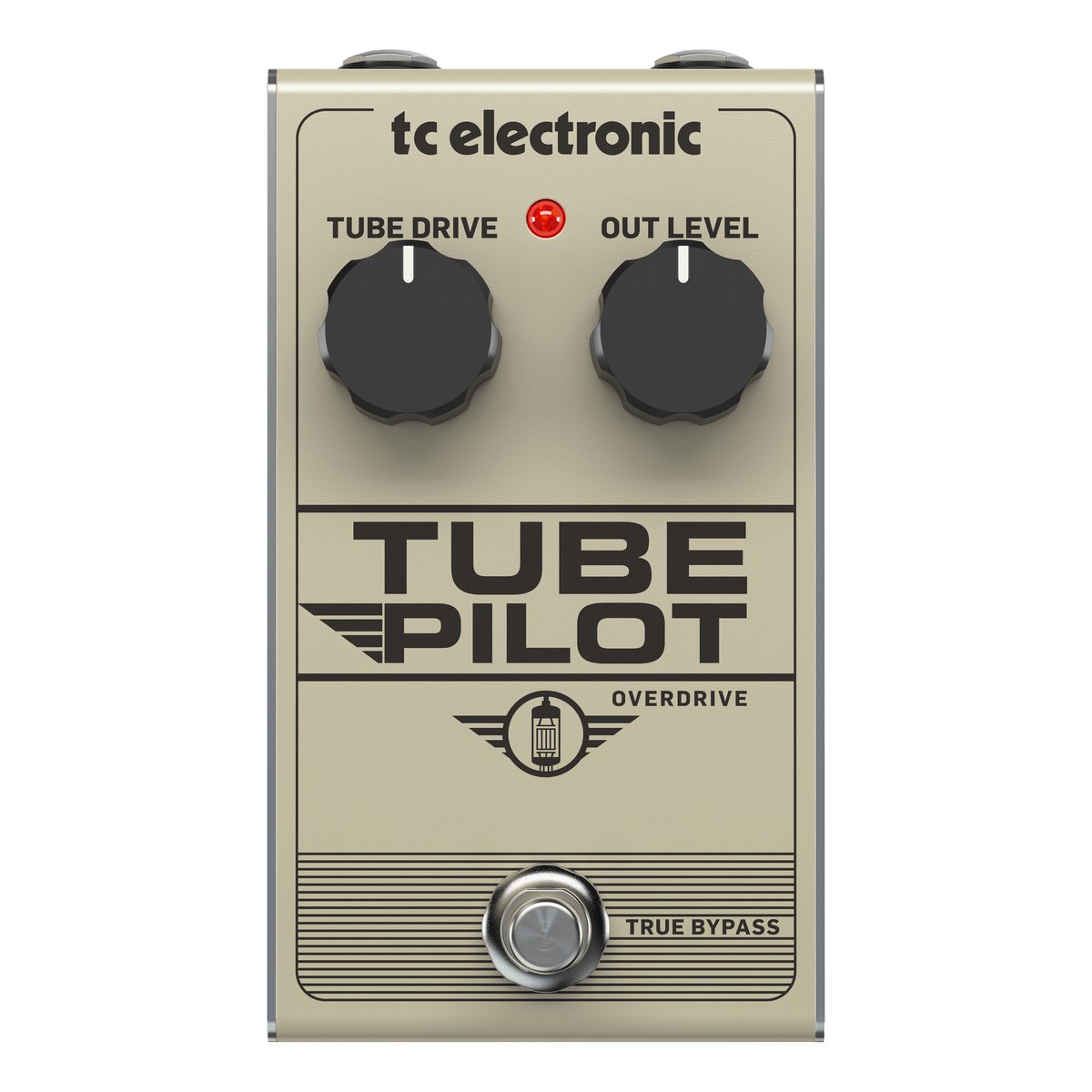 TC Electronic Tube Pilot Overdrive nhìn chính diện mặt trên: hai núm TUBE DRIVE, OUT LEVEL và footswitch true bypass