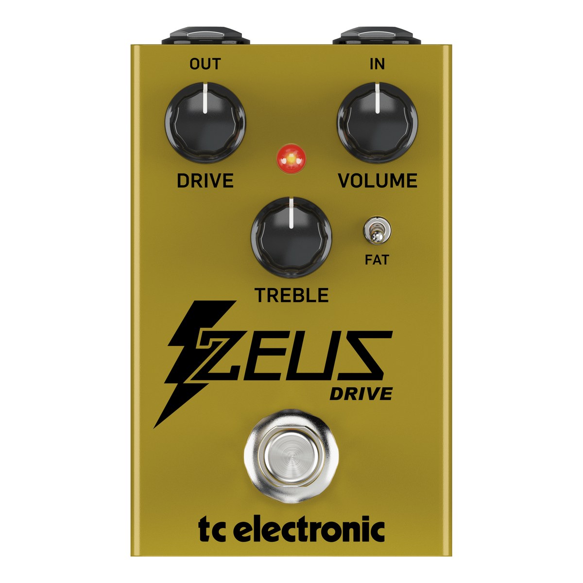 TC Electronic Zeus Drive Overdrive nhìn chính diện: núm DRIVE, VOLUME, TREBLE, công tắc FAT và footswitch