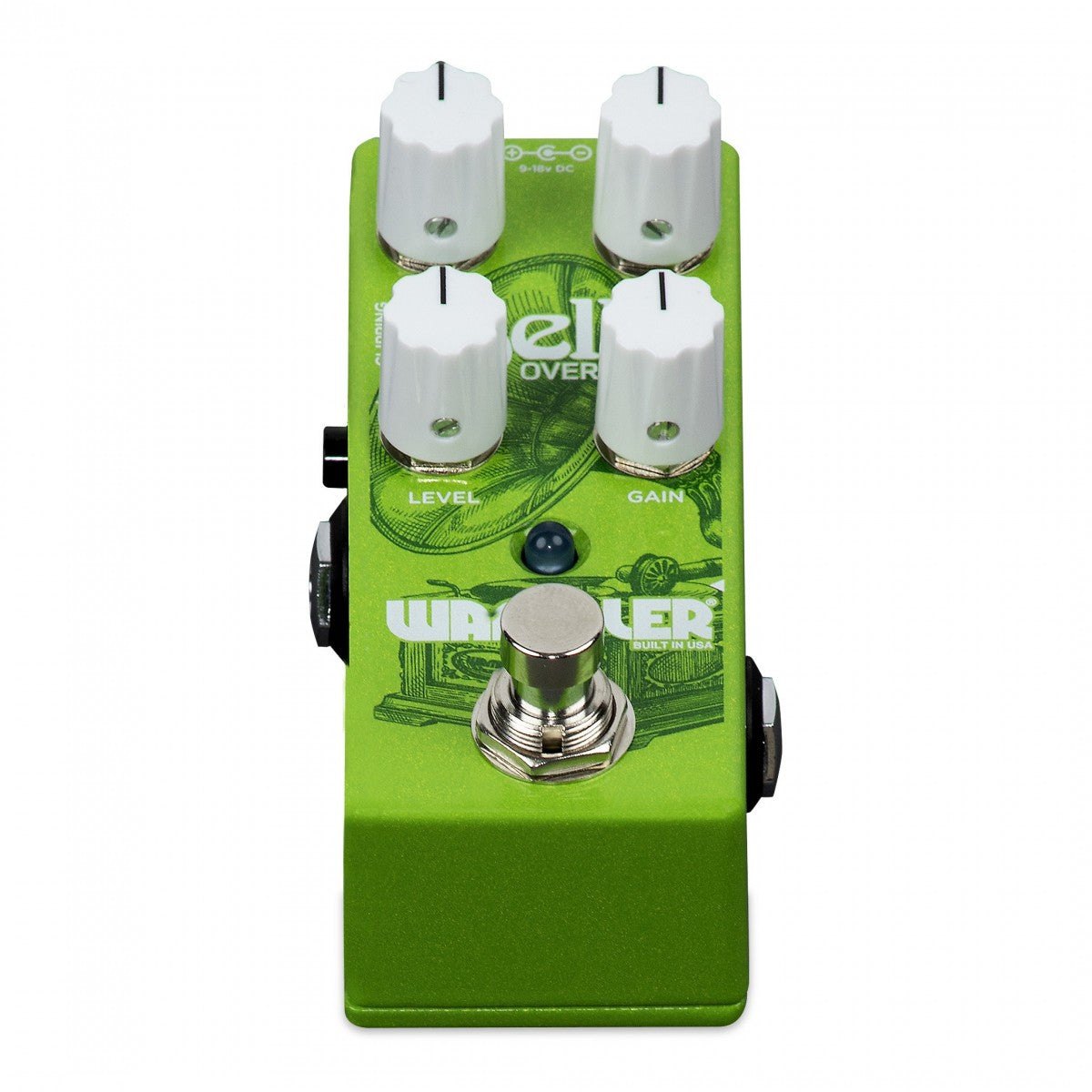 Phơ Overdrive Wampler Belle – nhìn chính diện từ phía footswitch, núm vặn màu trắng