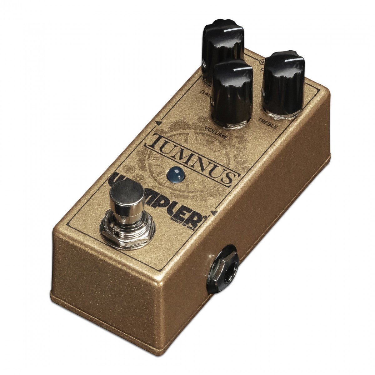 Phơ Overdrive Wampler Tumnus – góc nghiêng 3/4 bên phải, vỏ vàng đồng, jack cạnh phải