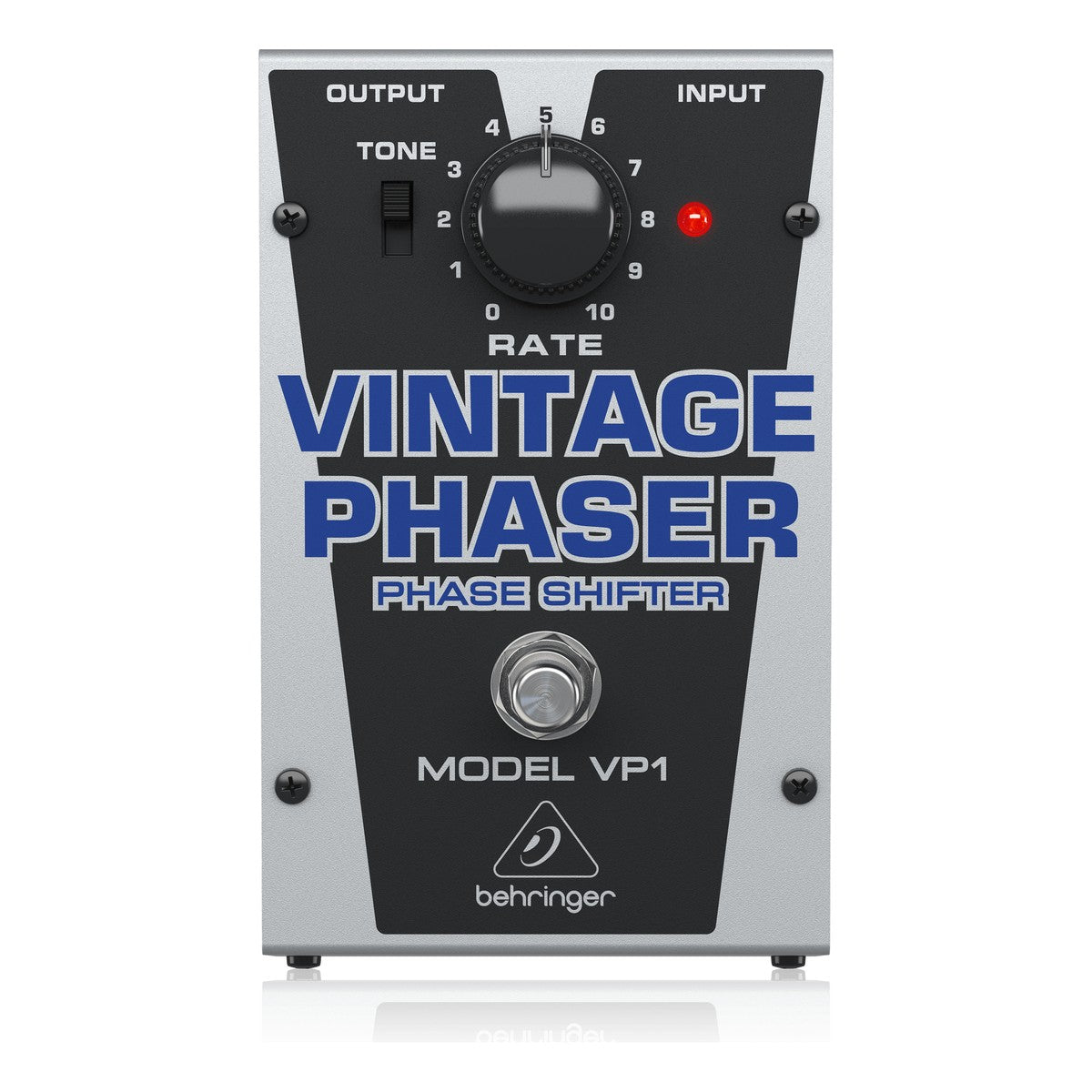 Behringer VP1 Vintage Phaser nhìn thẳng mặt trên: núm RATE, công tắc TONE, đèn báo và footswitch