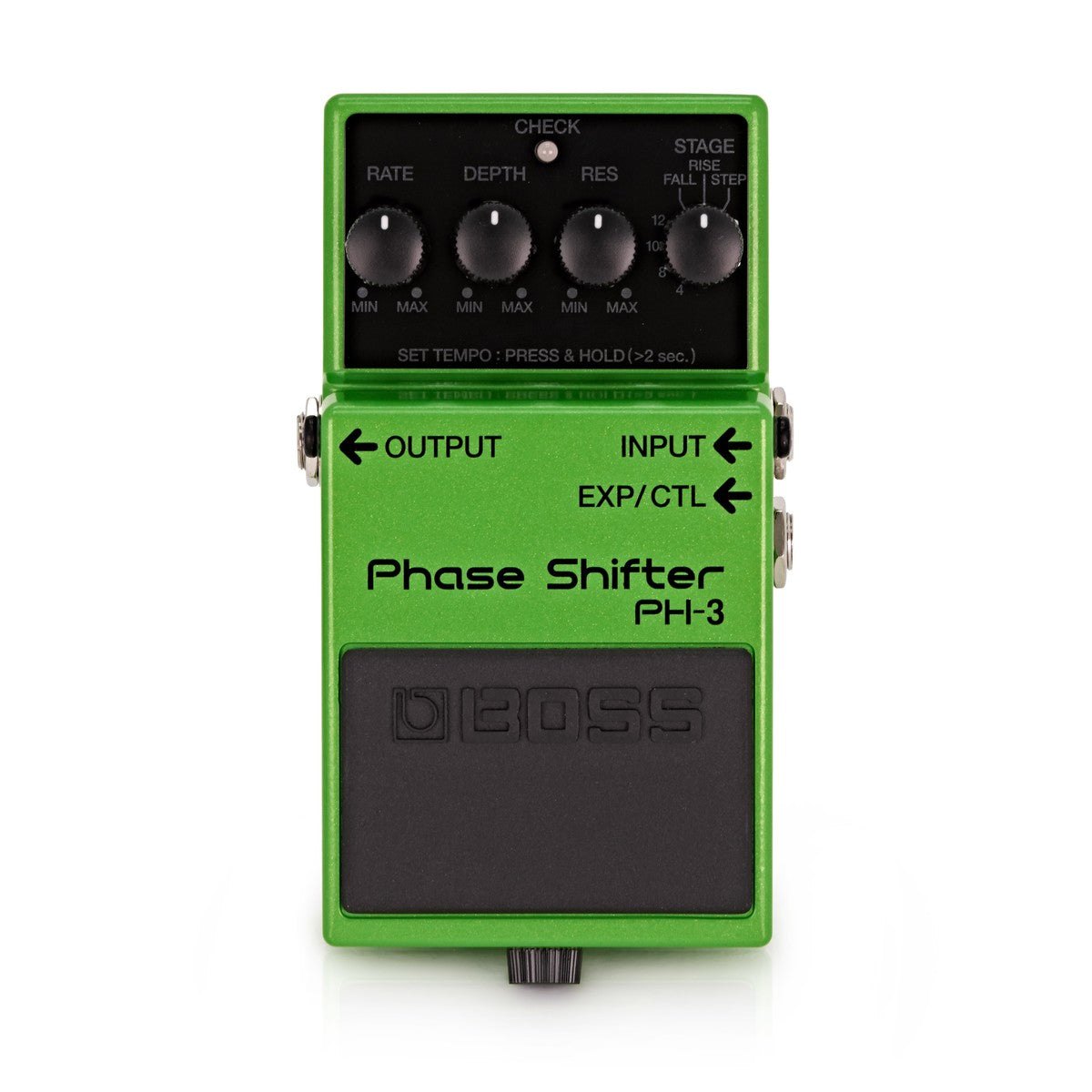 Phơ Phaser BOSS PH-3 Phase Shifter – mặt trên với 4 núm RATE, DEPTH, RES, STAGE và đèn CHECK