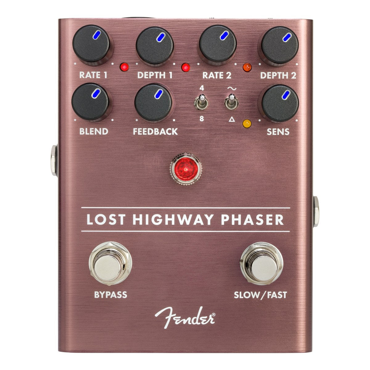 Phơ Phaser Fender Lost Highway Phaser – mặt trên Lost Highway Phaser với núm Rate 1, Depth 1, Rate 2, Depth 2, Blend, Feedback, Sens và 2 footswitch