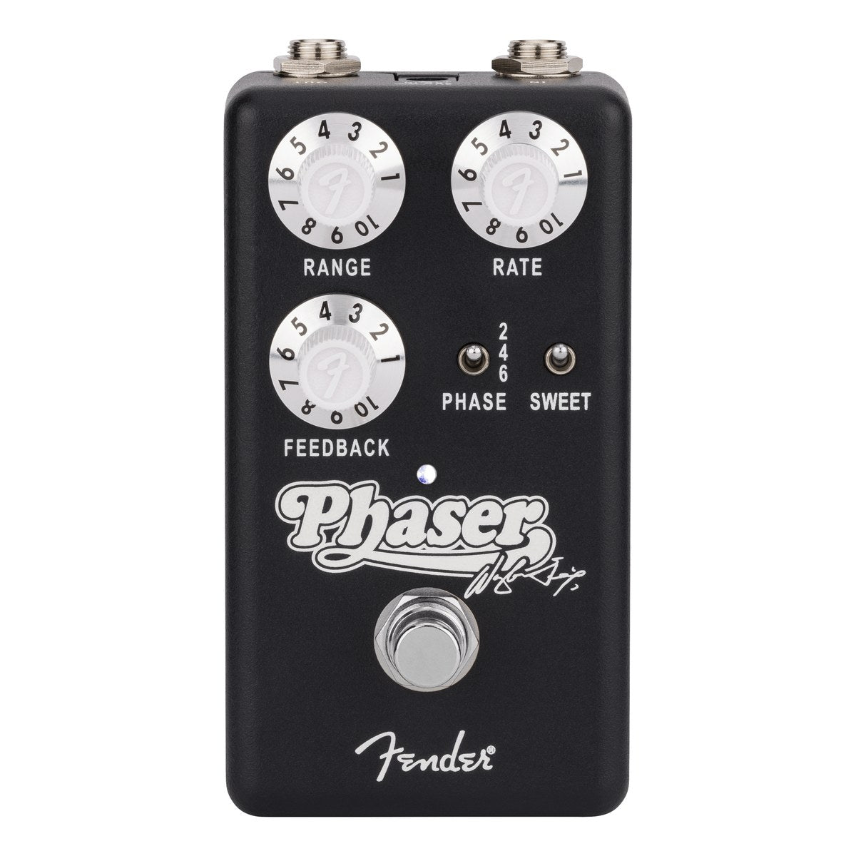 Mặt trên Fender Waylon Jennings Phaser với 3 núm RANGE, RATE, FEEDBACK và 2 công tắc PHASE, SWEET