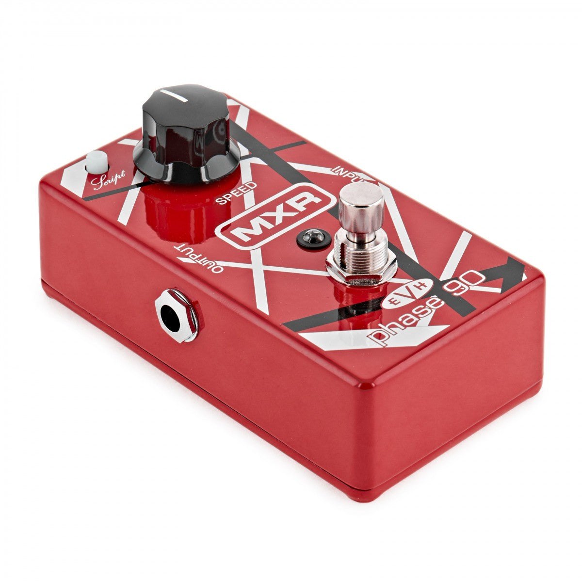 Phơ Phaser MXR EVH90 Phase 90 Eddie Van Halen – góc nghiêng bên trái, thấy cổng OUTPUT và nút Script