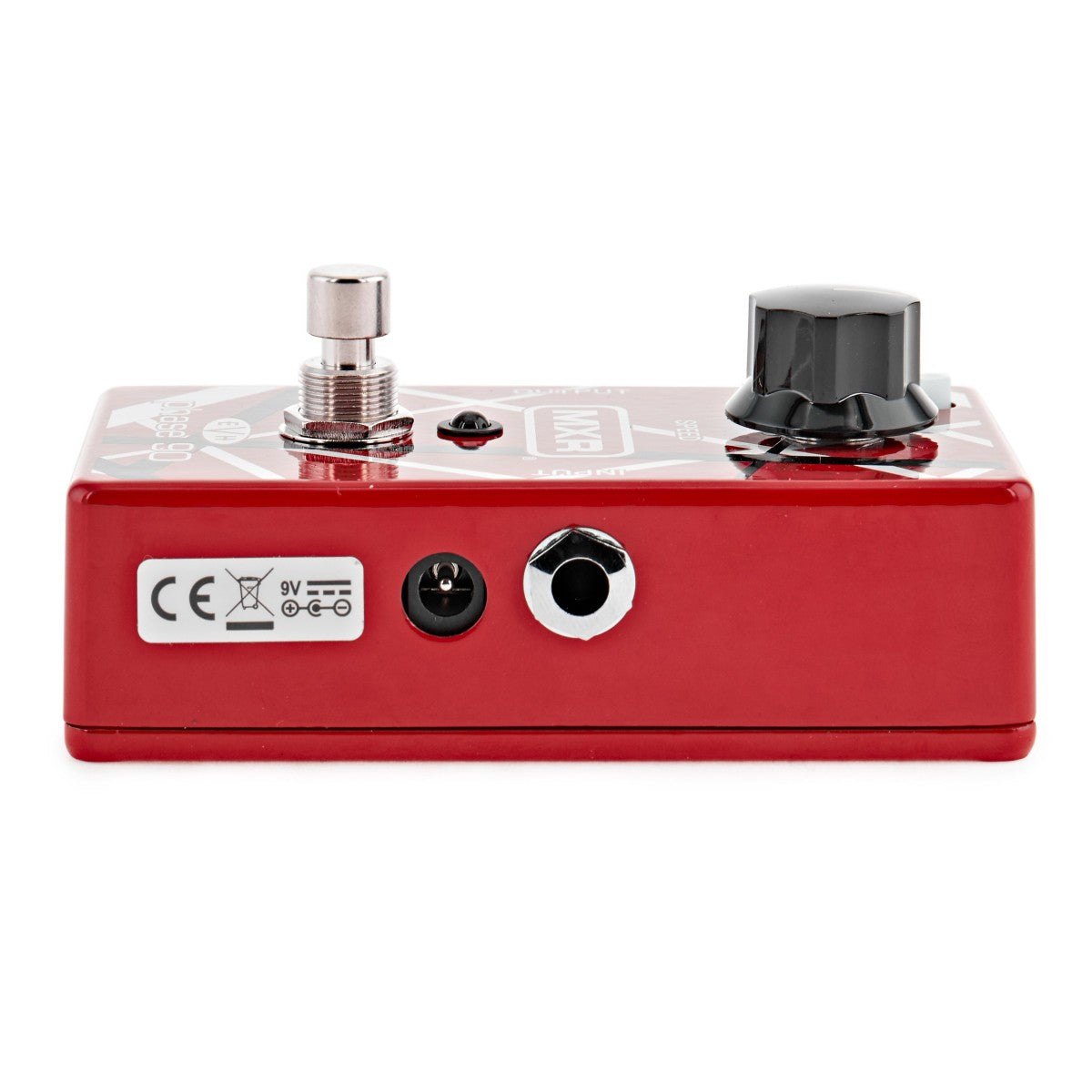 Phơ Phaser MXR EVH90 Phase 90 Eddie Van Halen – cạnh phải nhìn thẳng, tem CE, jack nguồn DC và cổng INPUT