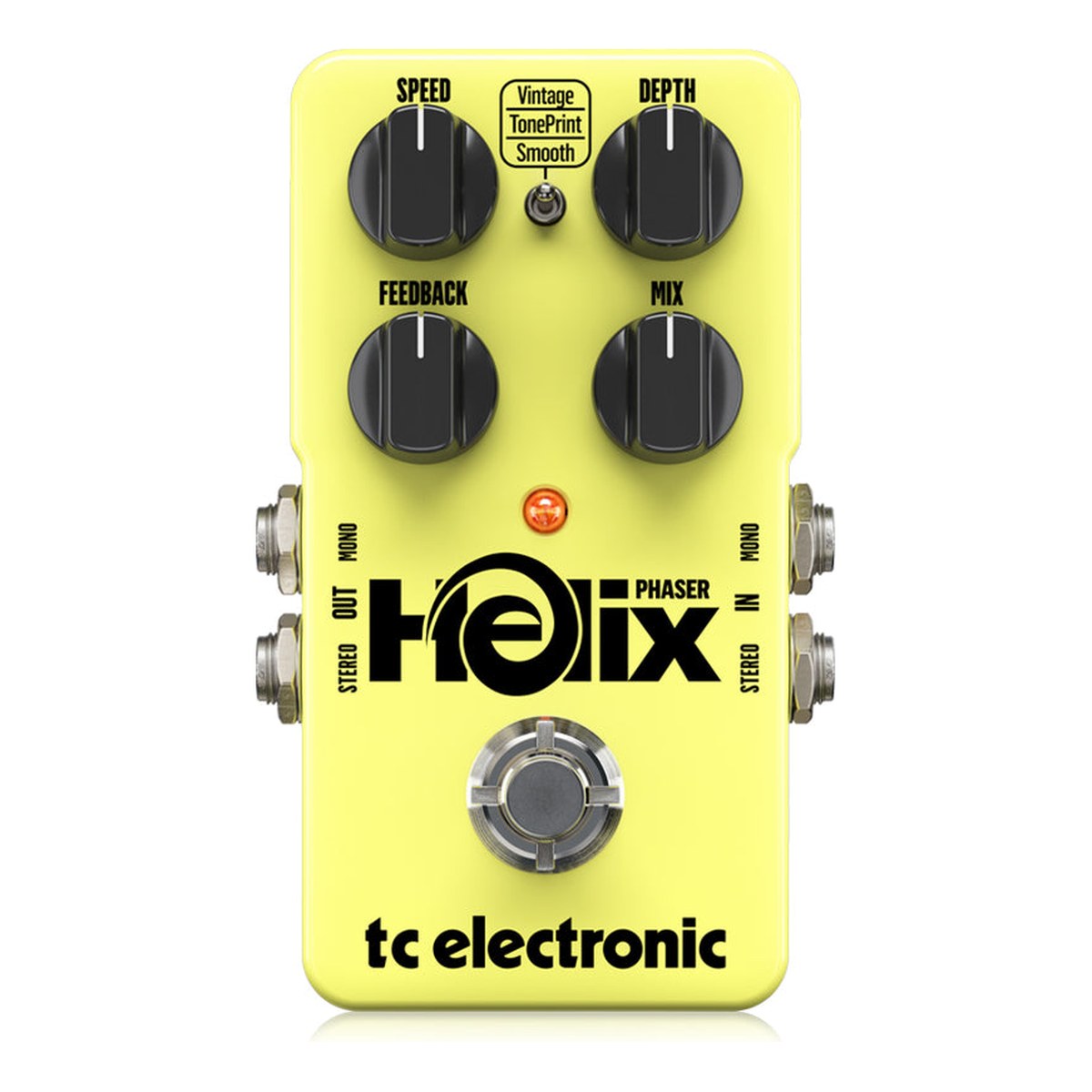 Mặt trên TC Electronic Helix Phaser với 4 núm Speed, Depth, Feedback, Mix và công tắc Vintage/TonePrint/Smooth