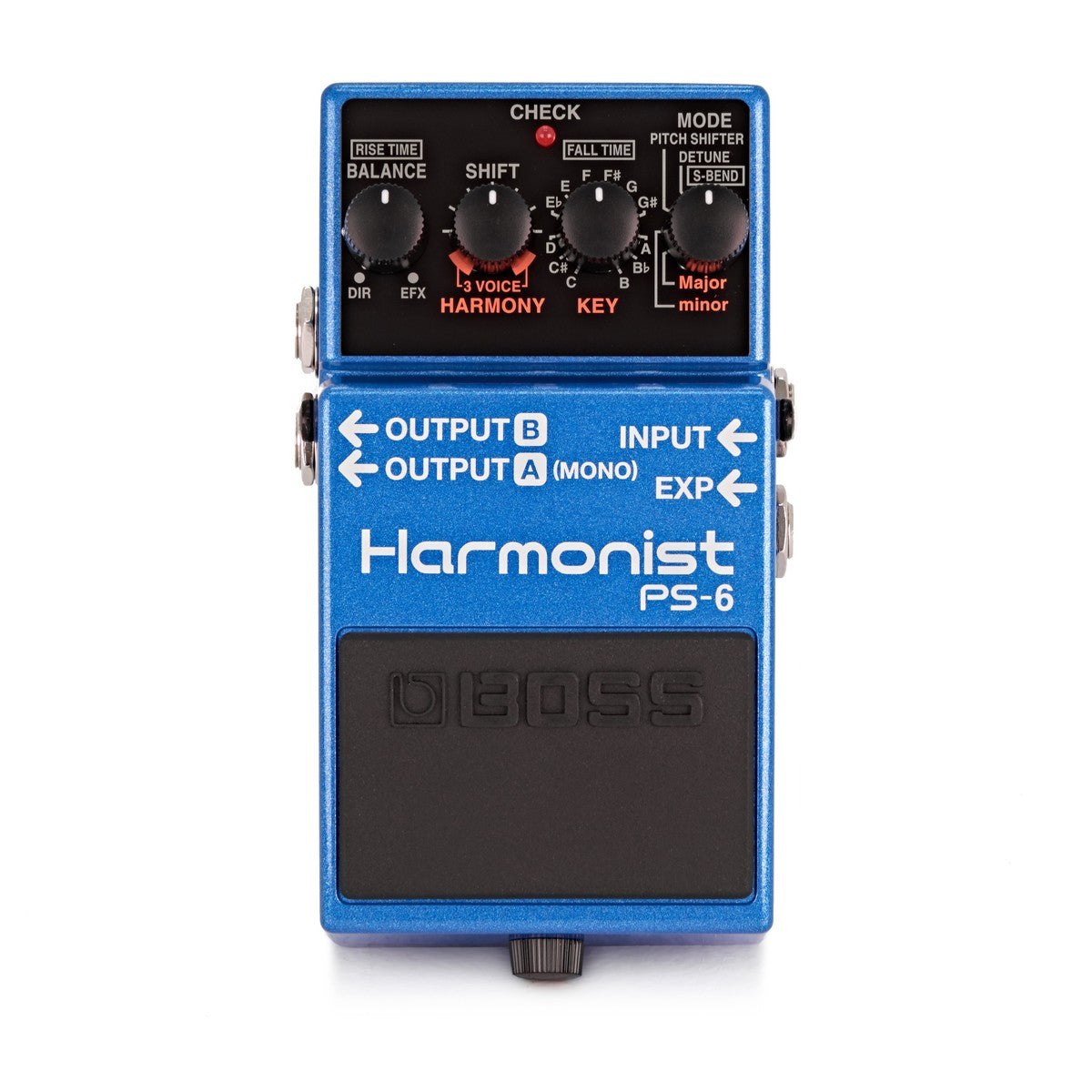 Phơ Pitch Shifter BOSS PS-6 Harmonist – mặt trên với núm BALANCE, SHIFT, KEY và núm chọn MODE