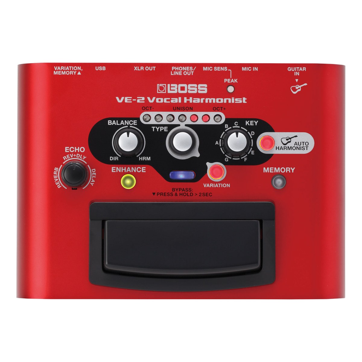 Phơ Pitch Shifter BOSS VE-2 Vocal Harmonist – mặt trên Boss VE-2 với núm BALANCE, TYPE, KEY, ECHO và nút AUTO HARMONIST