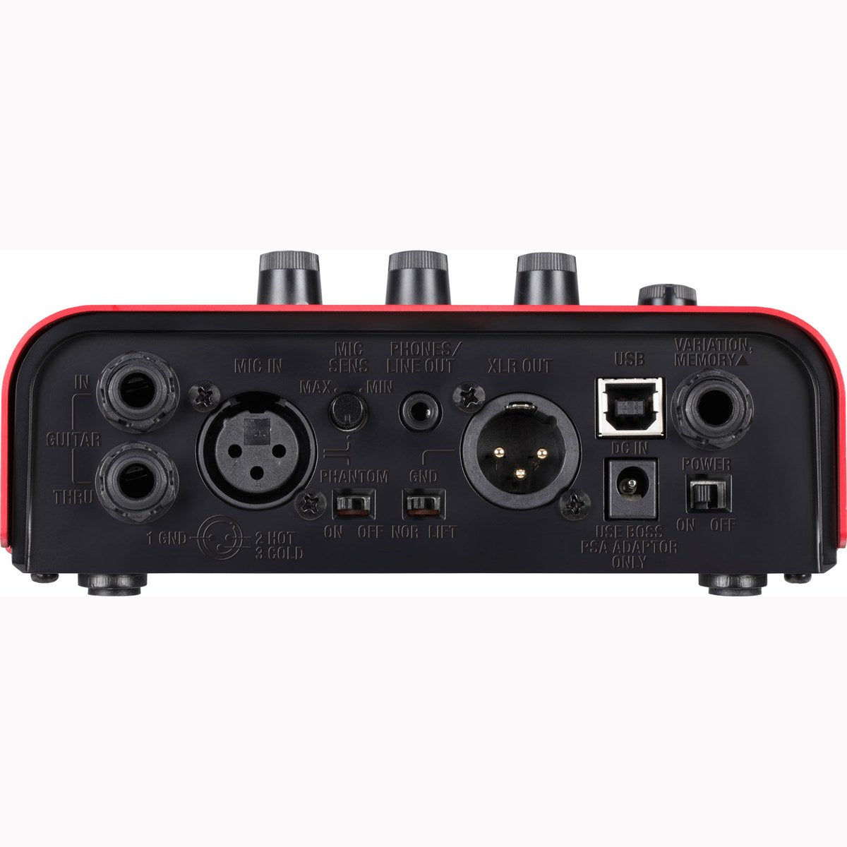Phơ Pitch Shifter BOSS VE-2 Vocal Harmonist – mặt sau Boss VE-2 với MIC IN XLR, XLR OUT, USB, GUITAR IN/THRU, DC IN
