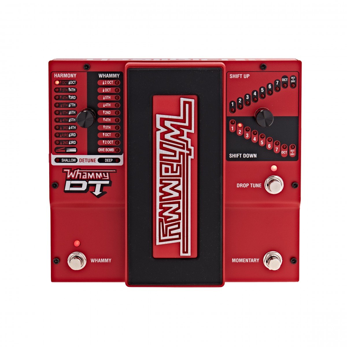 Phơ Pitch Shifter DigiTech Whammy DT – mặt trên với treadle Whammy, núm Harmony/Whammy và Shift Up/Down