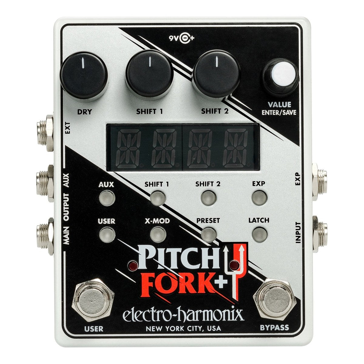 Phơ Pitch Shifter Electro-Harmonix Pitch Fork+ Polyphonic Pitch Shifter – Mặt trước Electro-Harmonix Pitch Fork+ với núm DRY, SHIFT 1, SHIFT 2, VALUE, màn hình 4 ký tự, 8 nút chế độ và hai footswitch USER, BYPASS