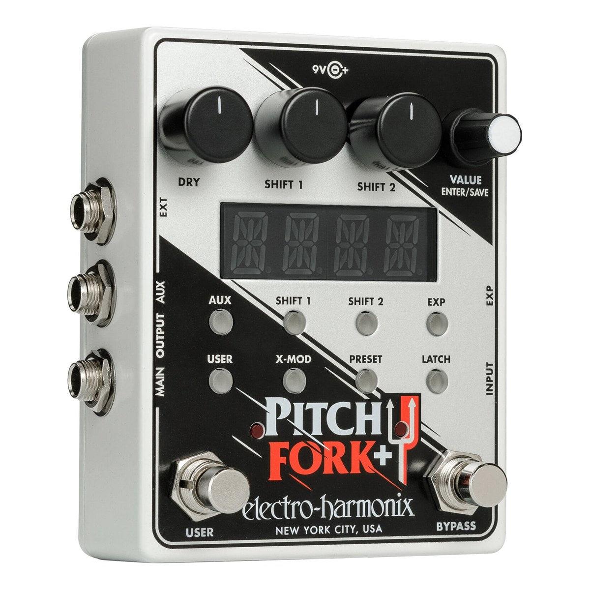 Phơ Pitch Shifter Electro-Harmonix Pitch Fork+ Polyphonic Pitch Shifter – Góc nghiêng trái Pitch Fork+ thấy jack EXT, AUX, MAIN OUTPUT